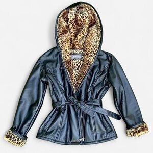 Black Wilson's Leather Jacket with Leopard faux fur Lining